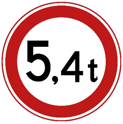 Gesloten voor voertuigen waarvan de massa of som van aslasten hoger is dan op het bord aangegeven, bijvoorbeeld 5,4 ton.