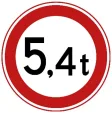 Closed for vehicles whose mass or sum of axle loads is higher than indicated on the sign, for example, 5.4 tonnes.