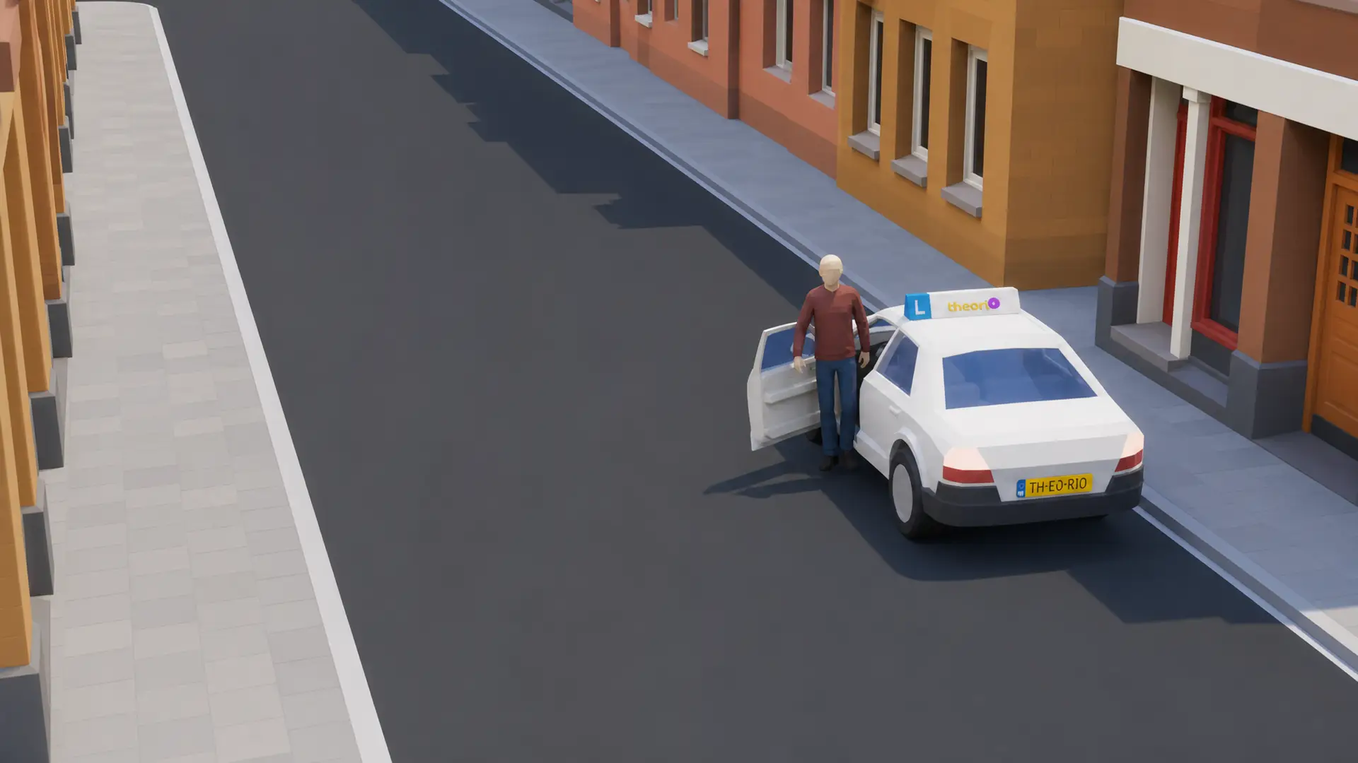 Bestuurder die voor het openen van het portier over zijn schouder kijkt naar een naderende fietser