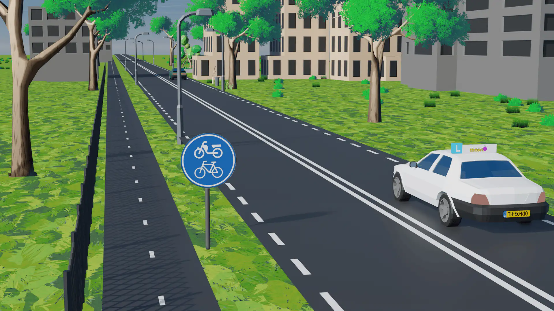 Rond blauw bord met een fiets en een bromfiets erop: verplicht fiets- en bromfietspad