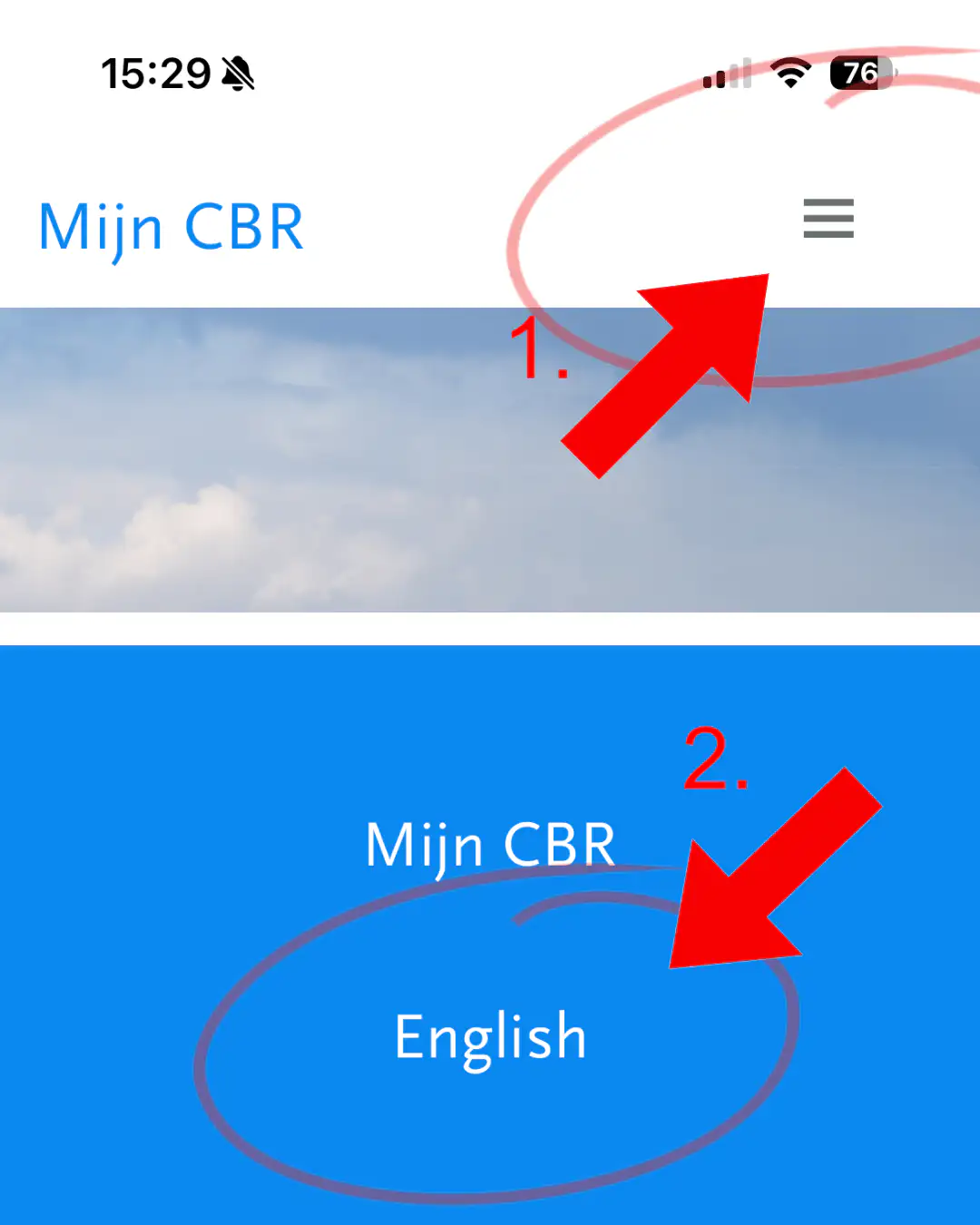 The Mijn CBR menu with the English language option