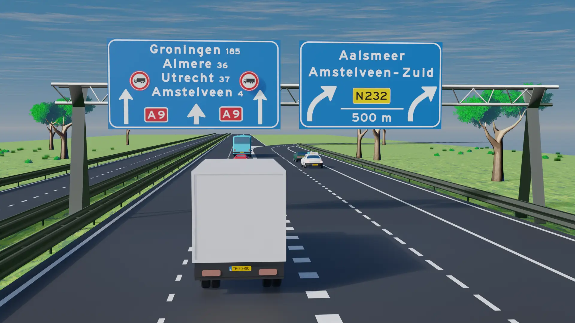 Splitsing van de snelweg met blokmarkering in het midden en een bord dat de linkerroute verbiedt voor vrachtwagens