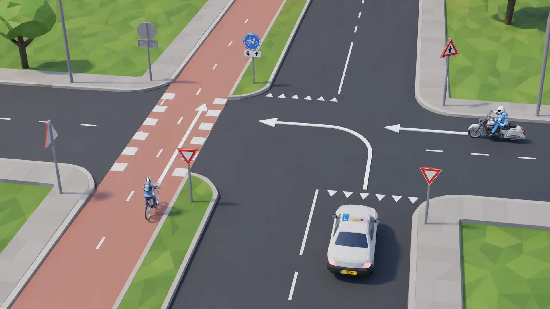 Auto die afslaat terwijl een fietser rechtdoor gaat op het fietspad naast de rijbaan, met een berm ertussen