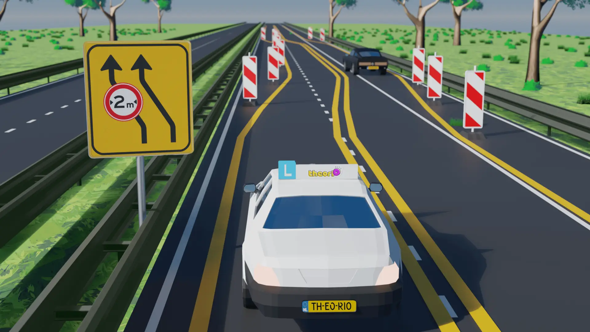 Tijdelijke gele strepen over de witte strepen bij wegwerkzaamheden