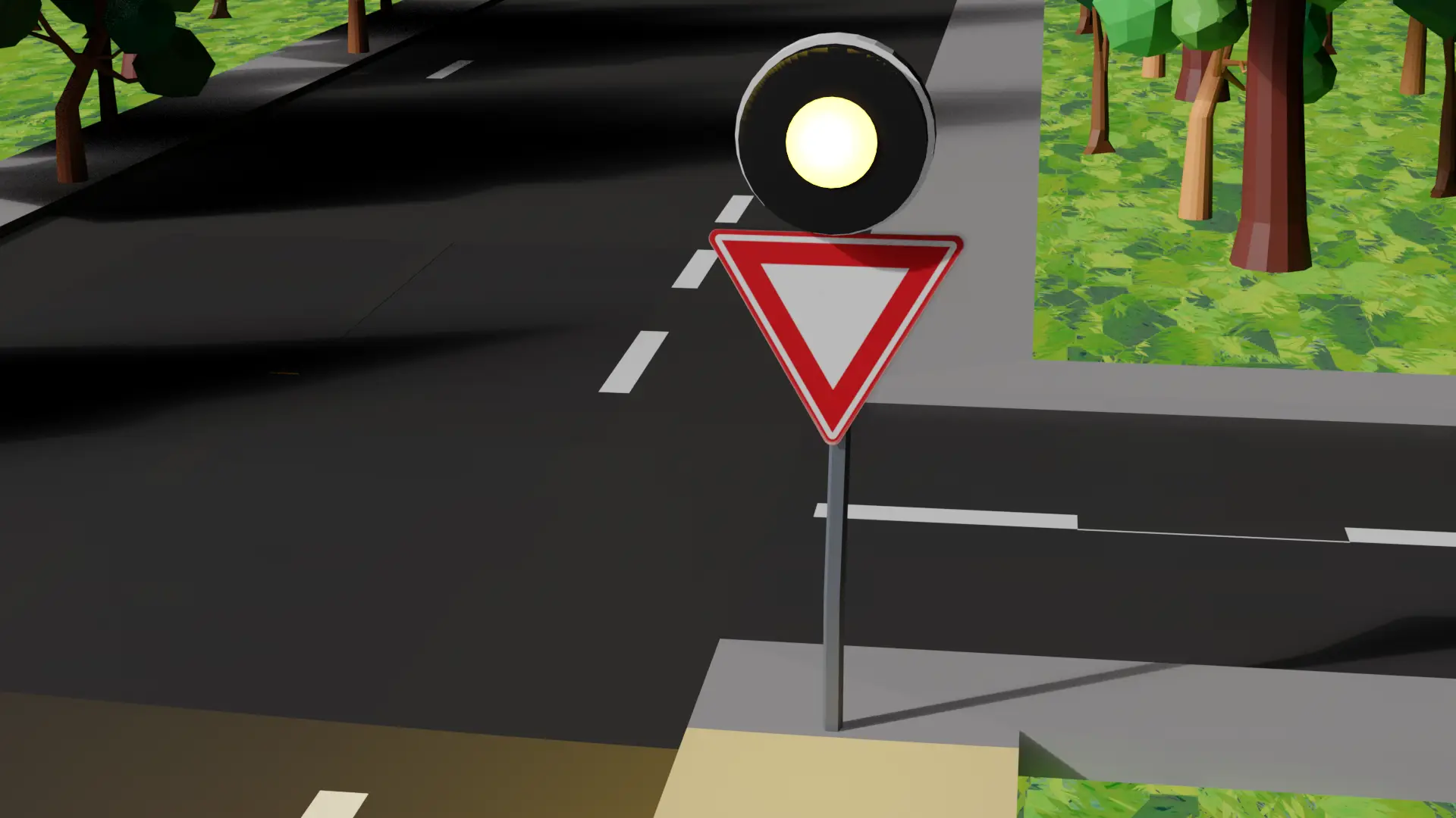 Waarschuwingslicht met één knipperend geel lampje boven de weg