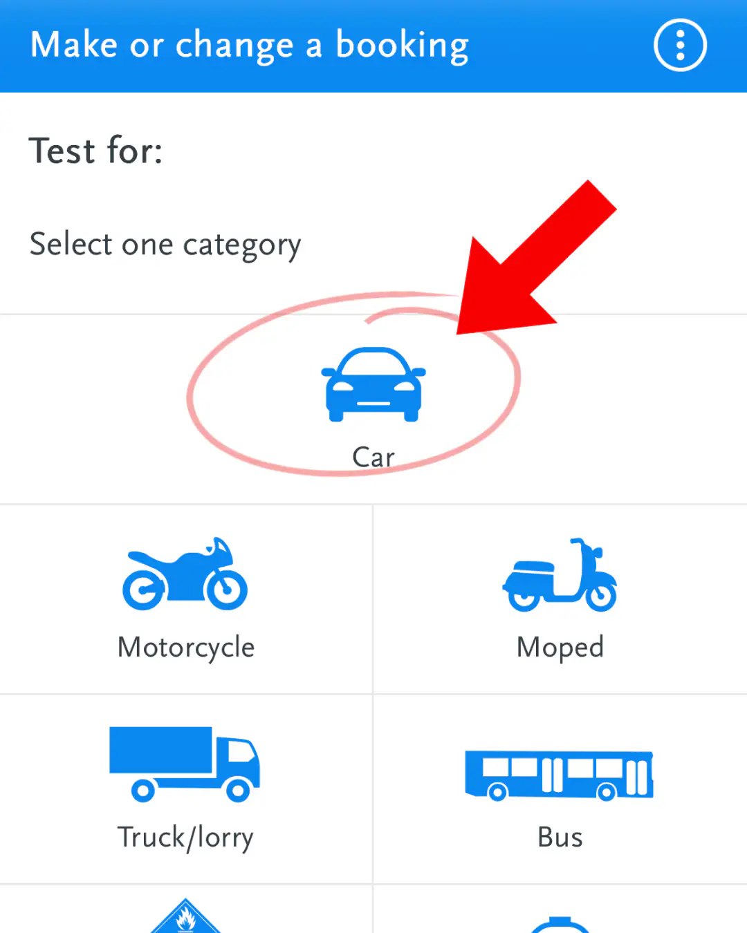 Choosing the car (category B) in Mijn CBR