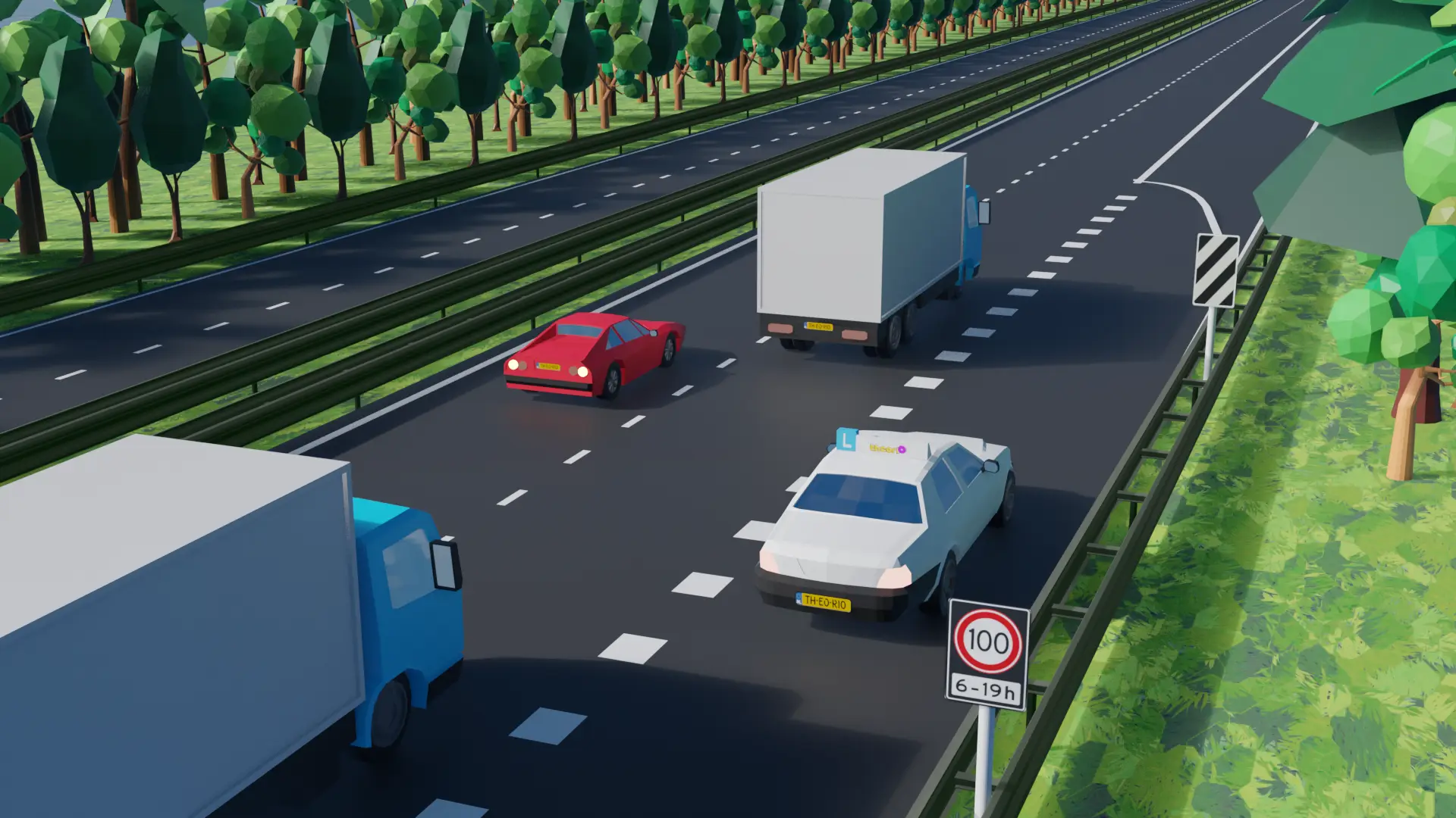 Auto die snelheid maakt op de invoegstrook en invoegt tussen het verkeer op de doorgaande rijbaan