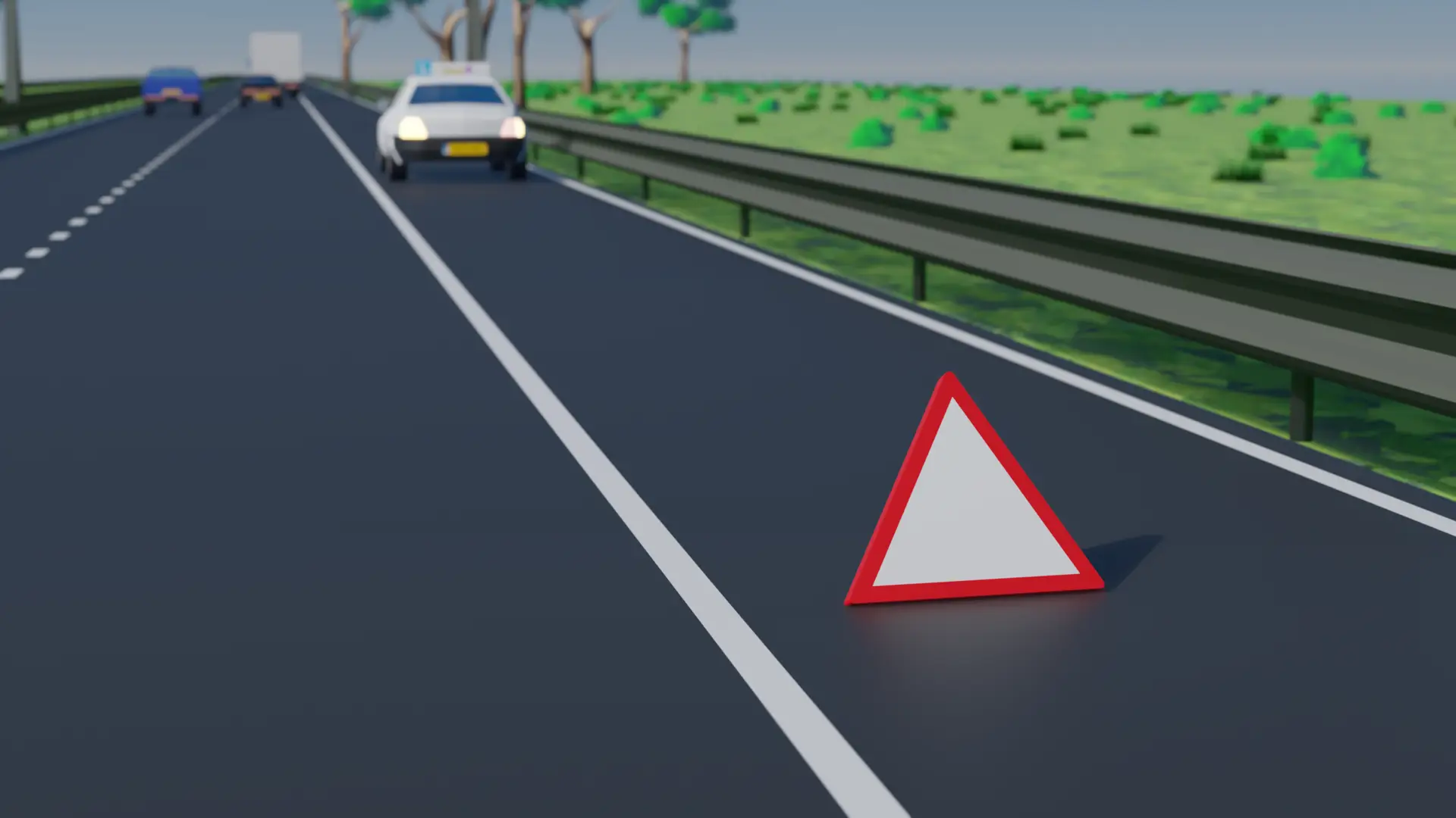 Gevaren-driehoek op het wegdek, met daarnaast de rode knop van de waarschuwingslichten