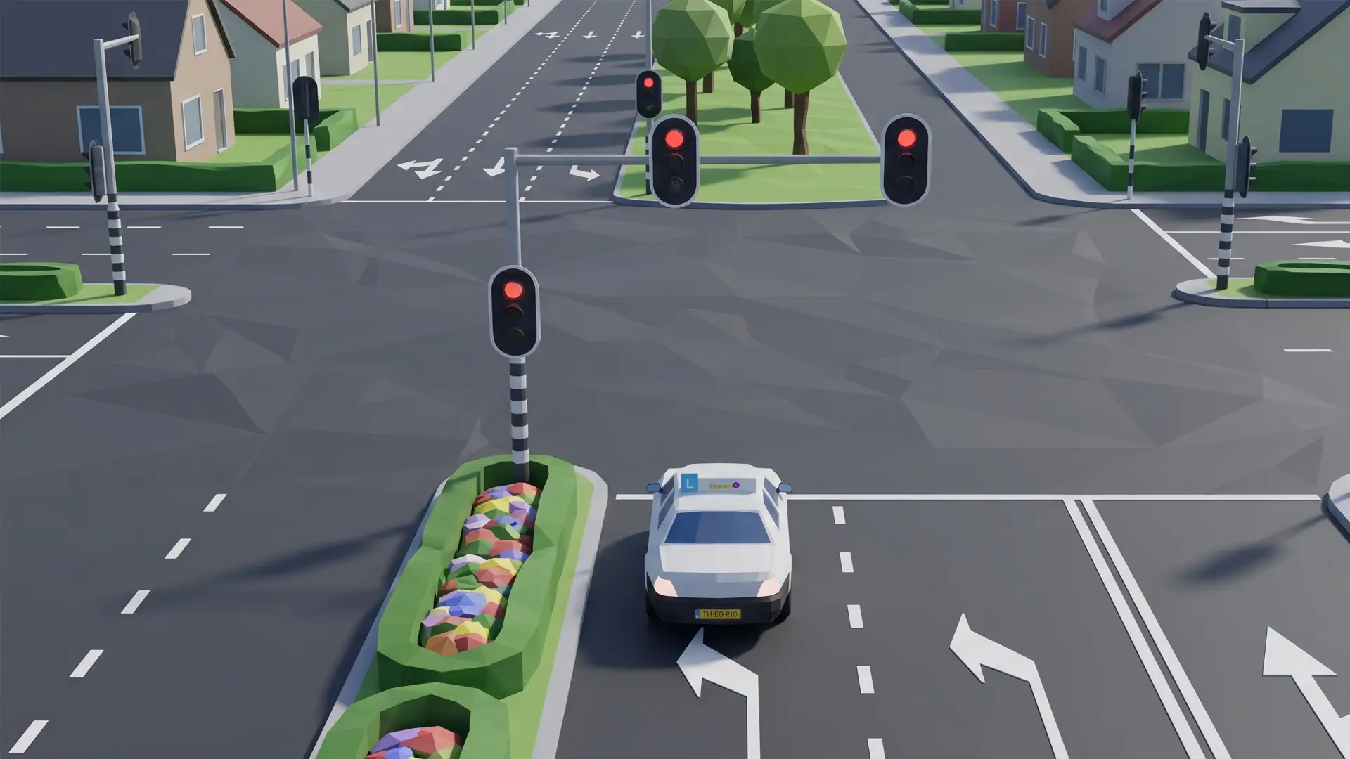Auto die bij een verkeerslicht op de linkerrijstrook staat terwijl ook de strook rechts ervan zijn richting op gaat