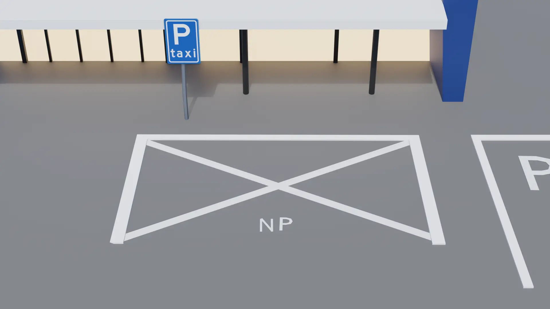 Parkeerstrook met tussen twee vakken een wit kruis en de letters NP voor een uitrit