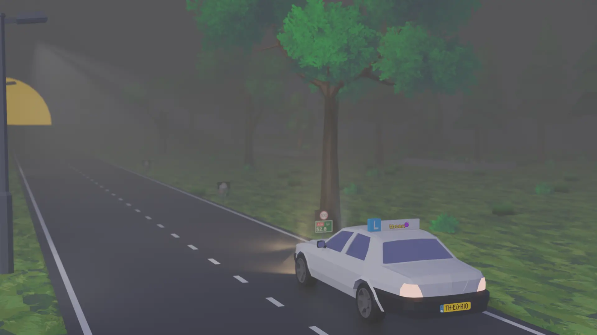 Auto met mistlicht aan de voorkant aan in dichte mist