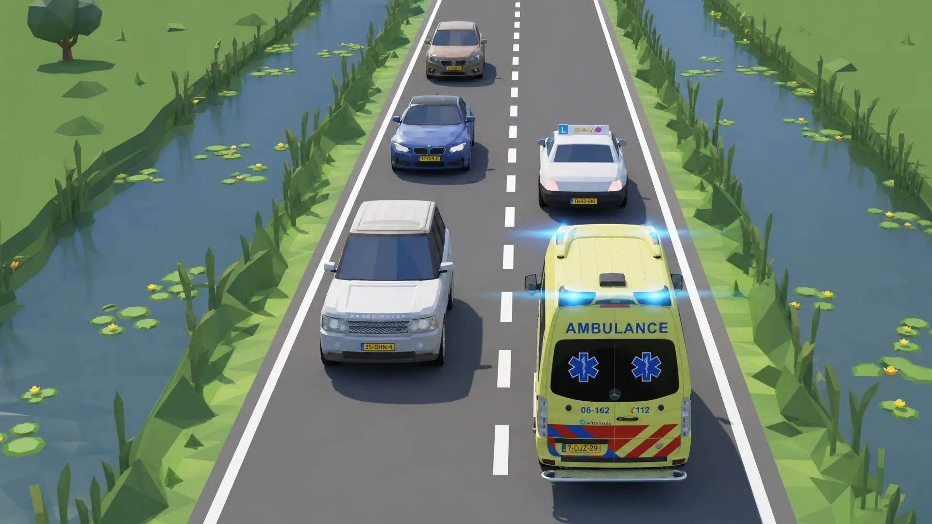 Ambulance met blauwe zwaailichten en sirene