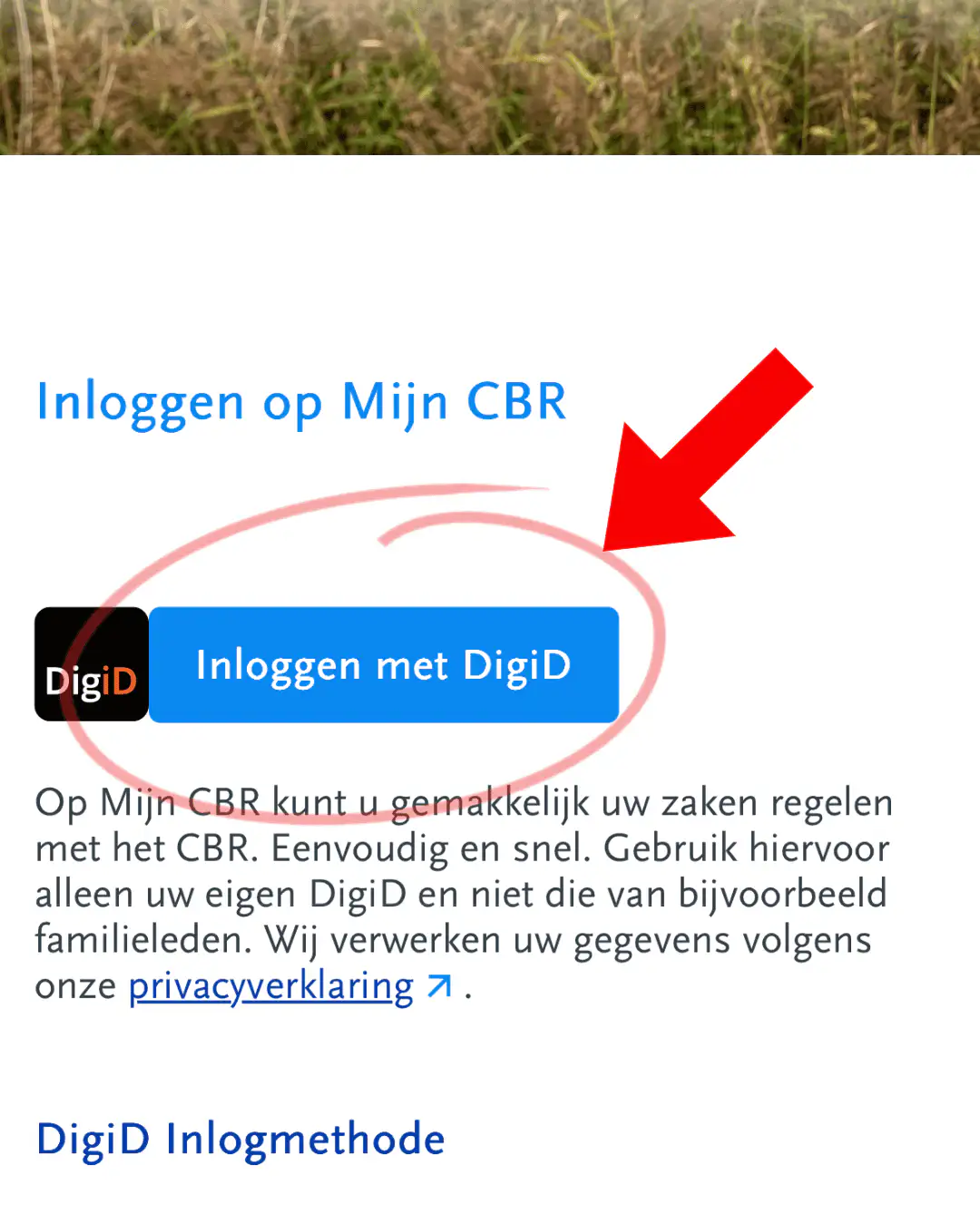Inlogpagina van Mijn CBR met de DigiD-knop