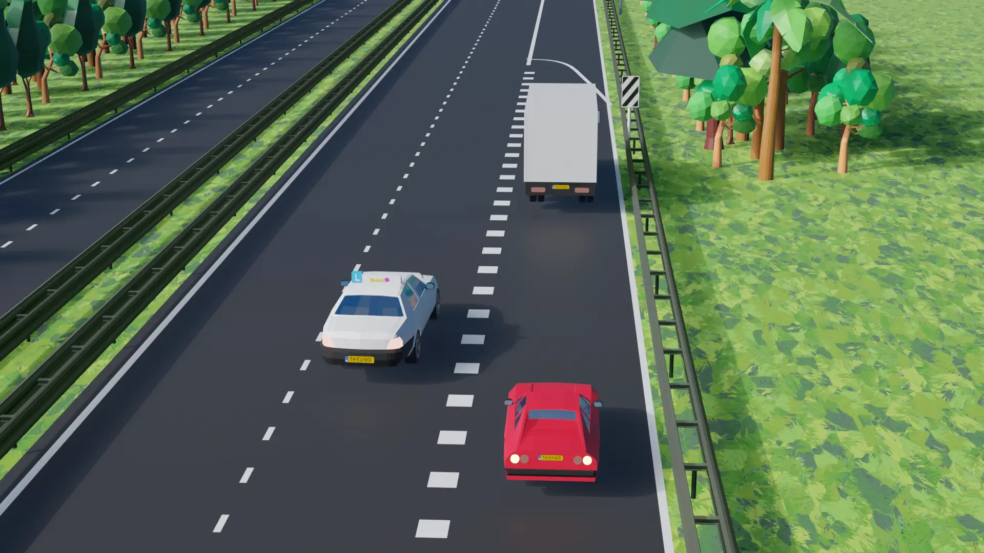 Snelweg waarop een auto moet invoegen, zodat je het voertuig voor je nog niet kunt inhalen