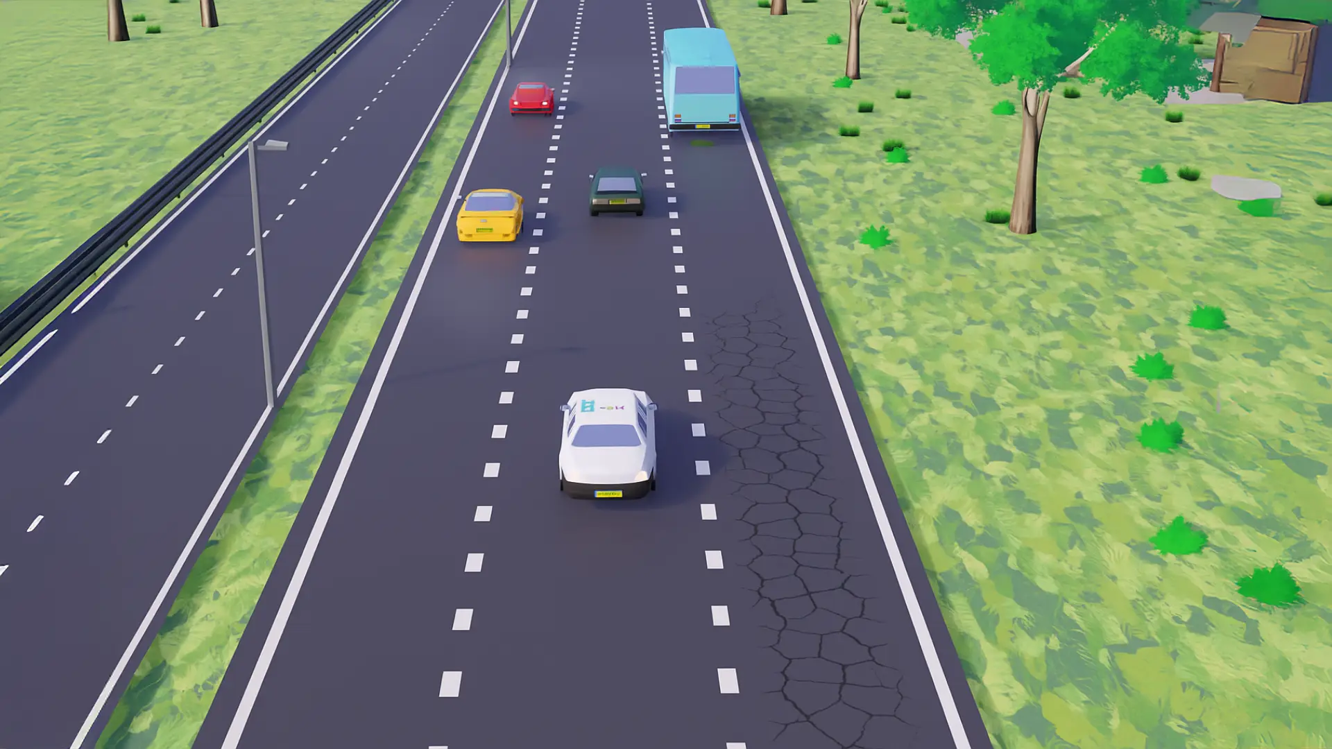 Snelweg met spoorvorming op de rechterrijstrook waarin water blijft staan
