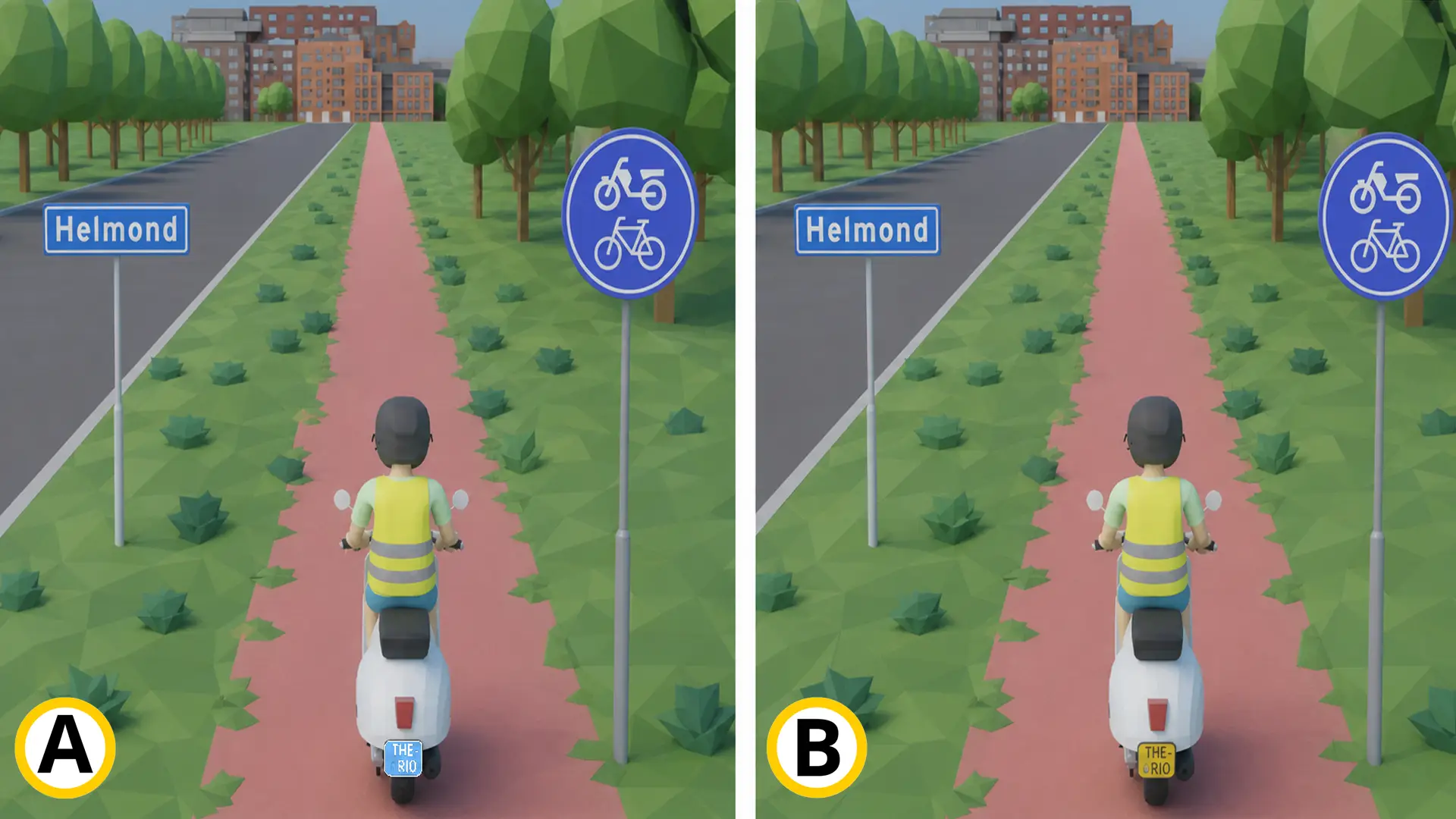 Snorfiets met blauw kenteken naast een bromfiets met geel kenteken, van achteren gezien