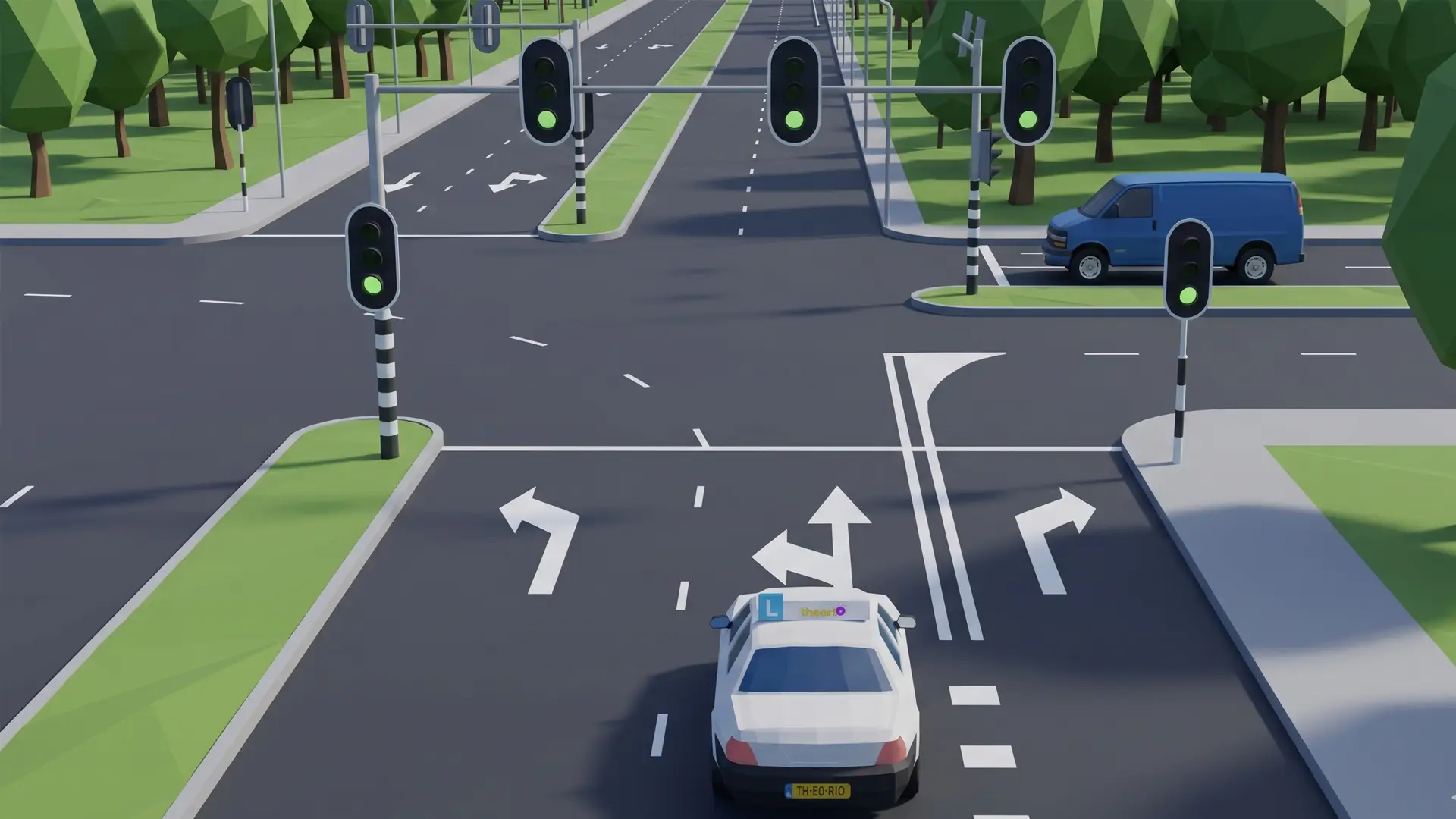 Verkeerslicht met pijlen op het wegdek waarbij een rijstrook zowel linksaf als rechtdoor toelaat