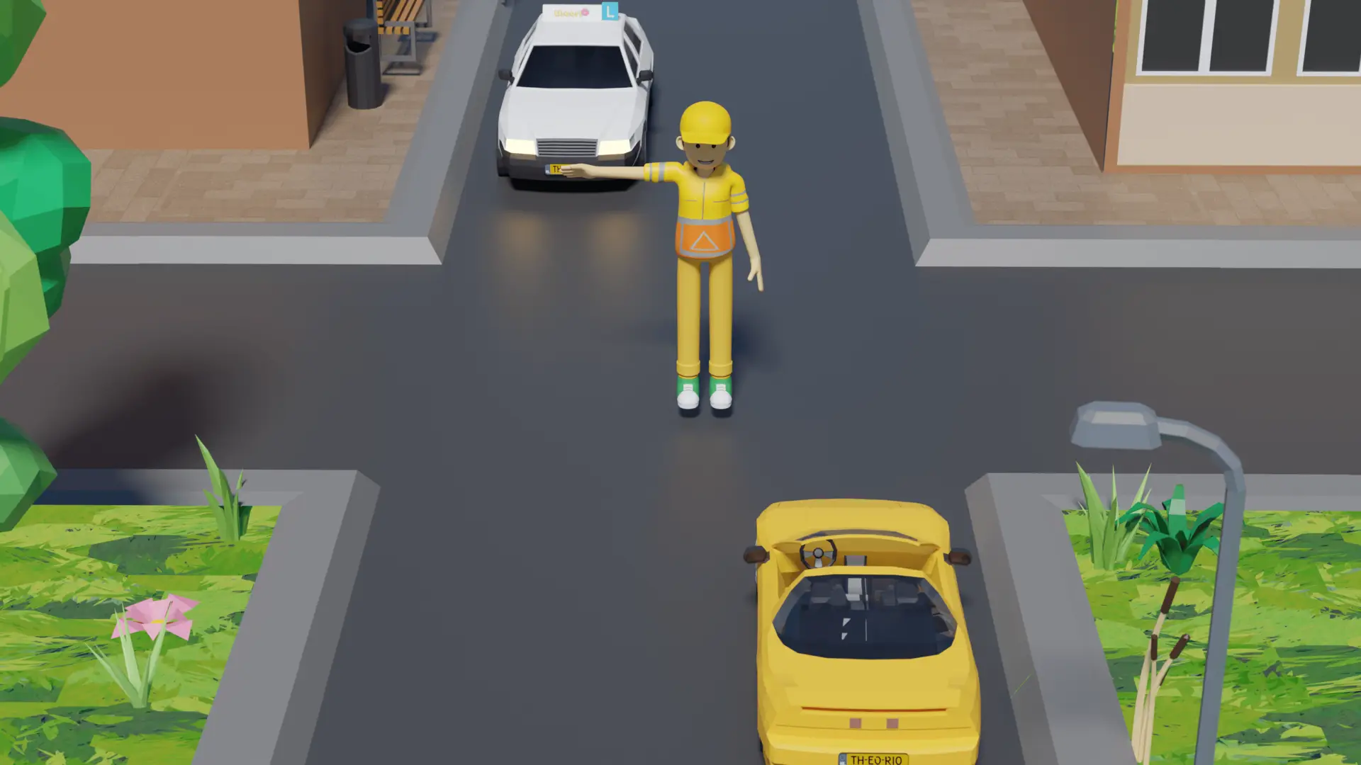 Verkeersregelaar op een kruispunt met één arm zijwaarts gestrekt als slagboom voor het verkeer aan die kant