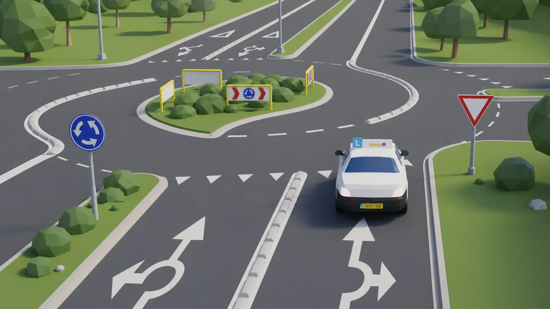 Rotonde met pijlen op het wegdek die aangeven welke rijstrook naar welke afslag leidt