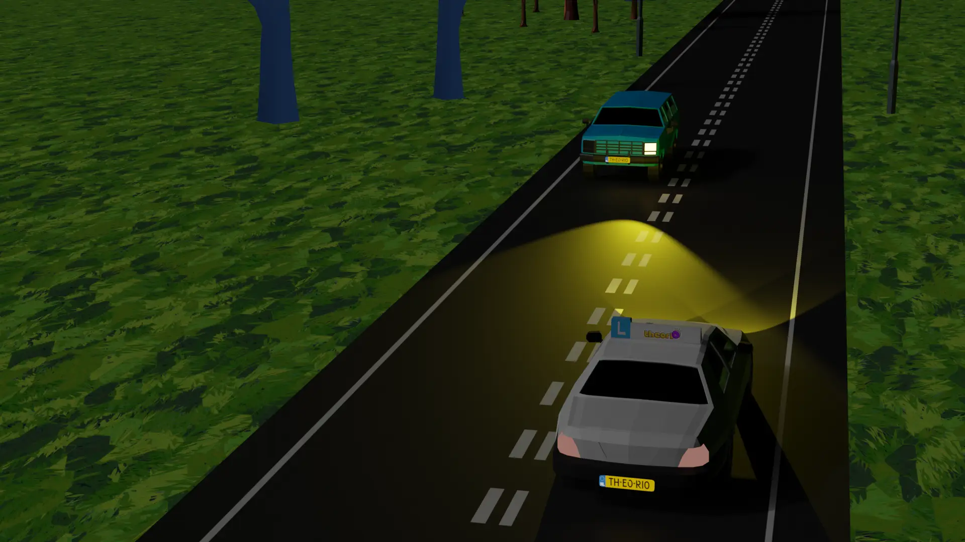 Auto die kort met de koplampen knippert naar een tegenligger die geen verlichting voert
