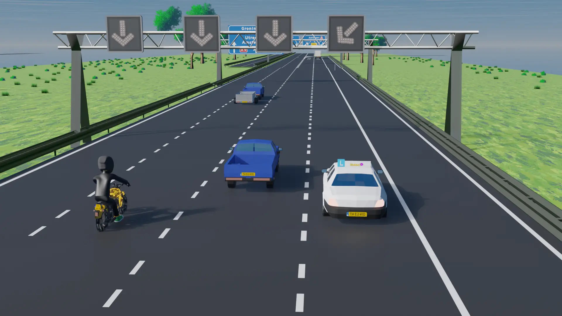 Matrixbord met een schuine pijl boven een rijstrook die zo meteen eindigt, met ritsend verkeer