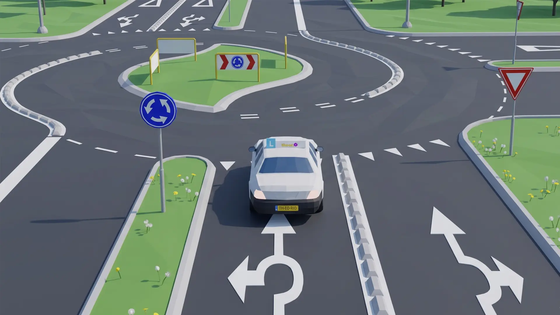 Wegdekteken van een rotonde met meerdere pijlen, als aankondiging van een rotonde met meerdere rijstroken