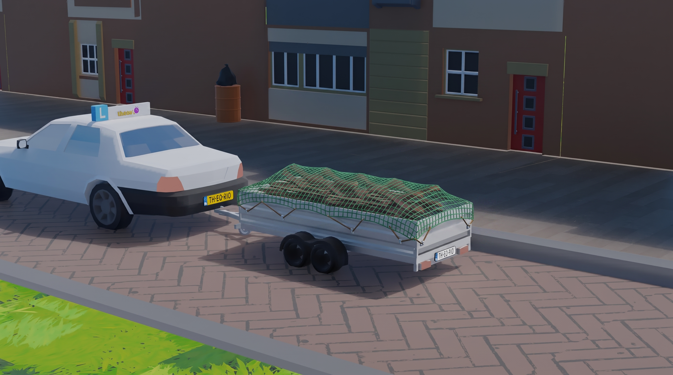 Aanhangwagen met een net over losse lading gespannen