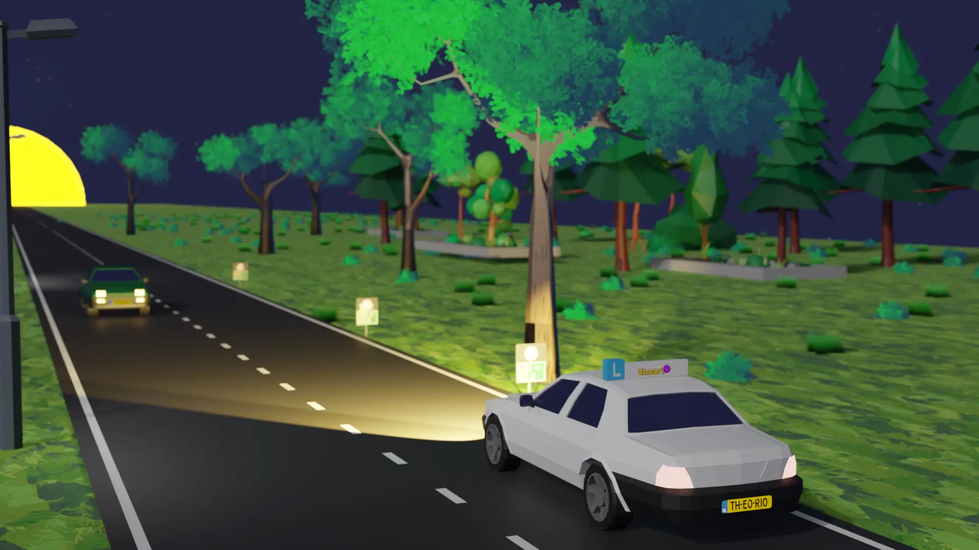 Auto met grootlicht aan op een donkere, lege weg buiten de bebouwde kom
