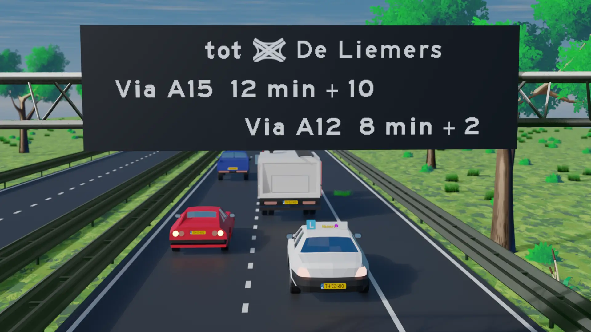 Elektronisch reistijdbord met twee routes, hun reistijd in minuten en de vertraging erbij