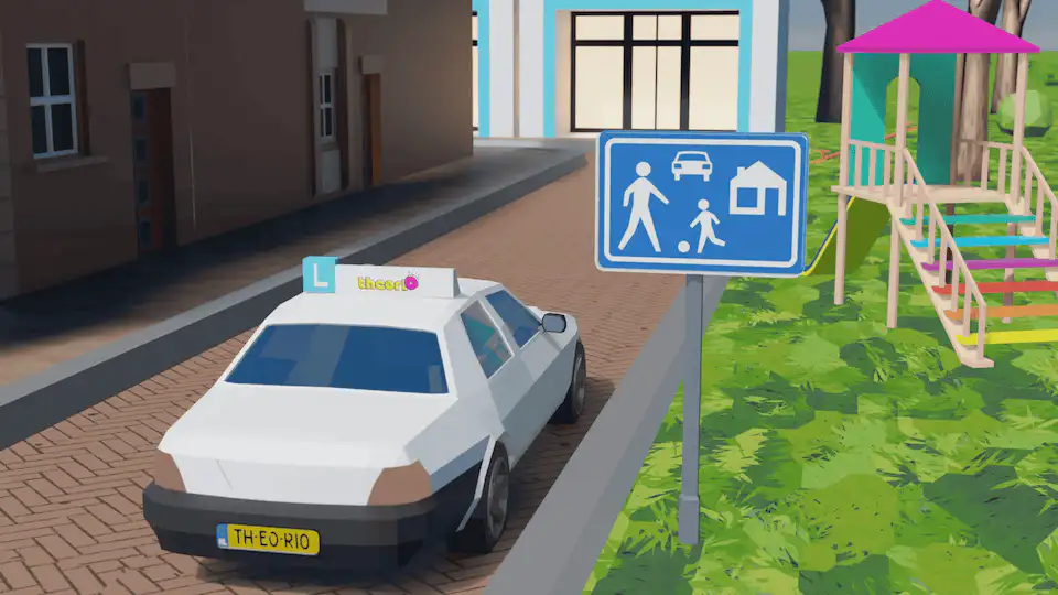 Lesauto op een woonerf naast het blauwe erfbord met spelende kinderen