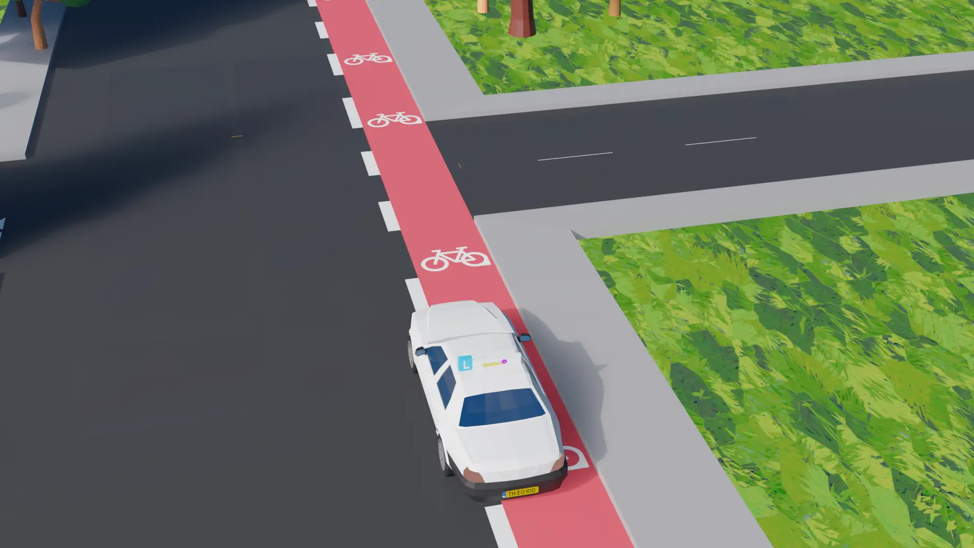 Auto die is voorgesorteerd op een rode fietsstrook met een onderbroken streep