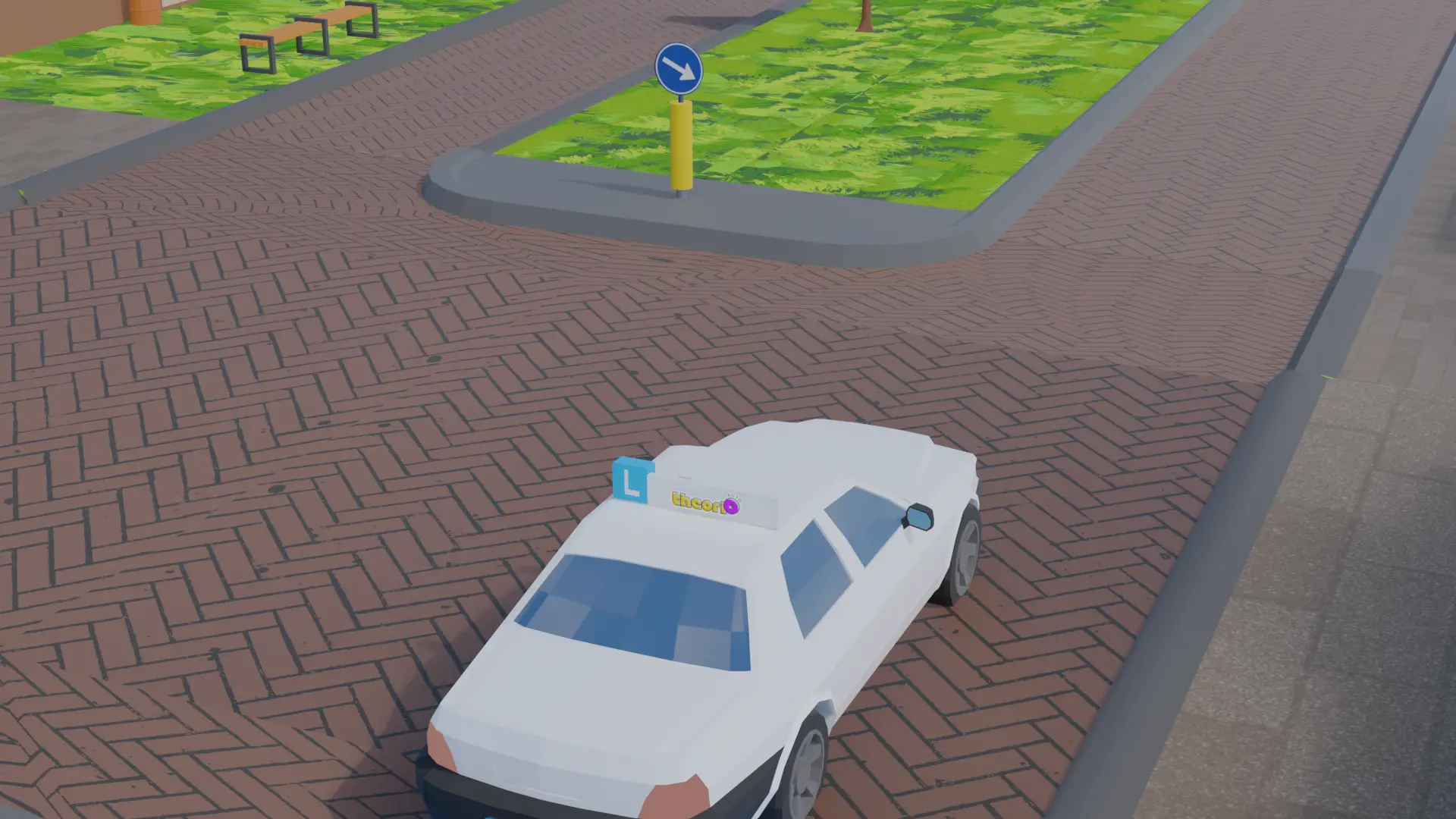 Blauw rond bord met een pijl schuin naar rechtsonder bij een middengeleider
