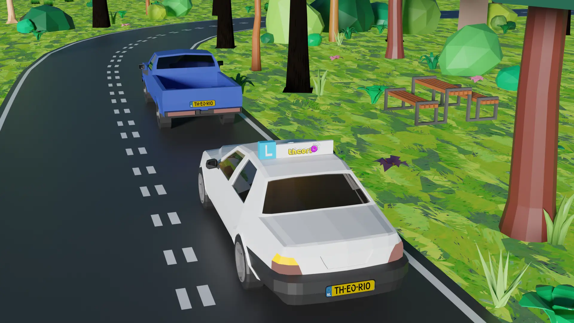 Auto achter een langzamer voertuig in een bocht op een gewone weg, waar geen zicht op tegenliggers is