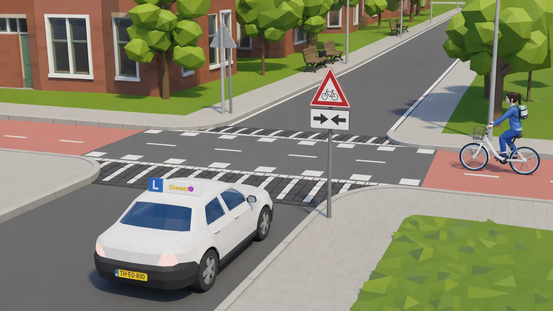 Kruispunt met een waarschuwingsbord voor fietsers en drempelstrepen op het wegdek, zonder voorrangsborden