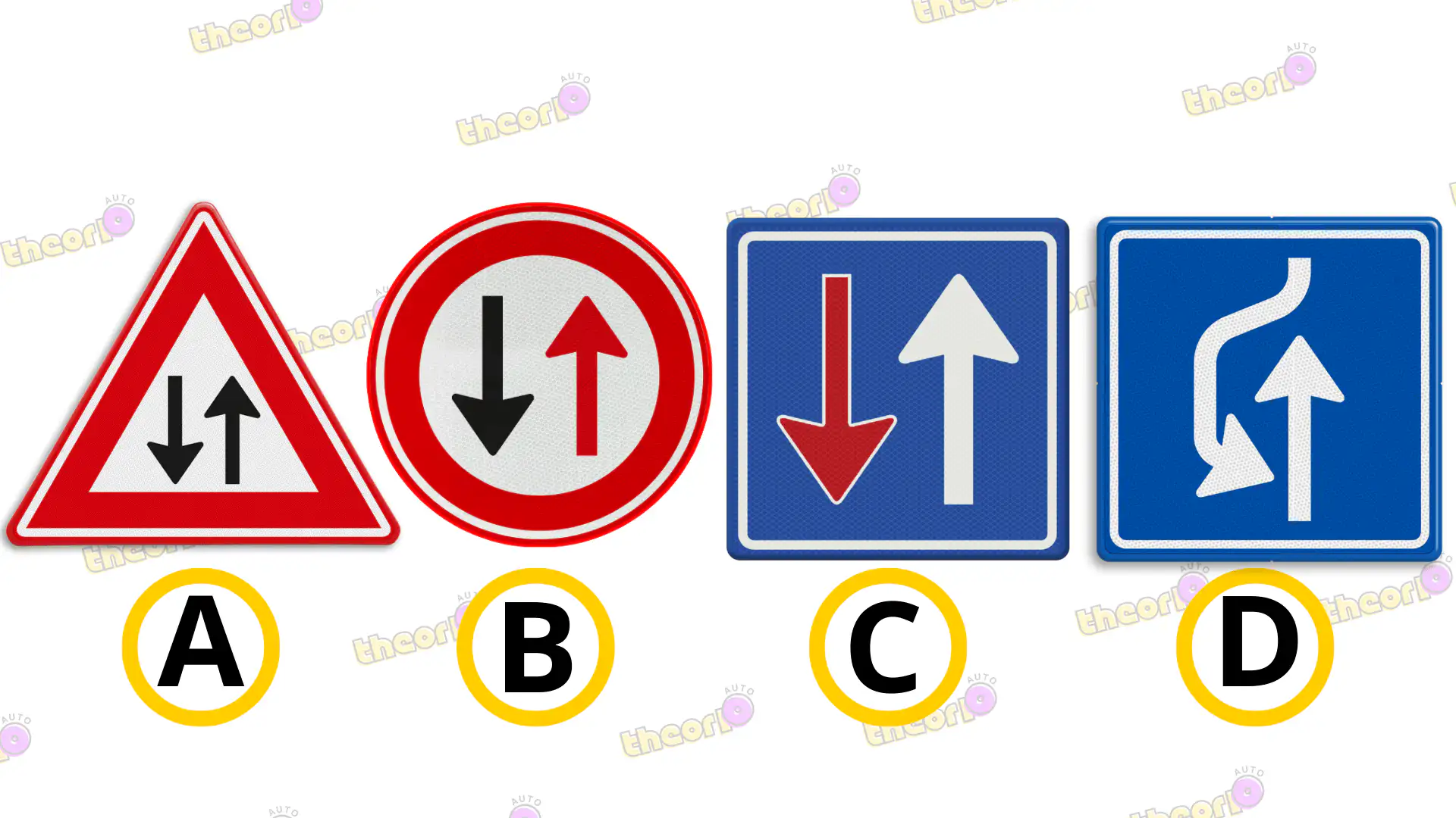 Verkeersborden waarvan de vorm verschilt: rond met rode rand, rond blauw, driehoek en vierkant