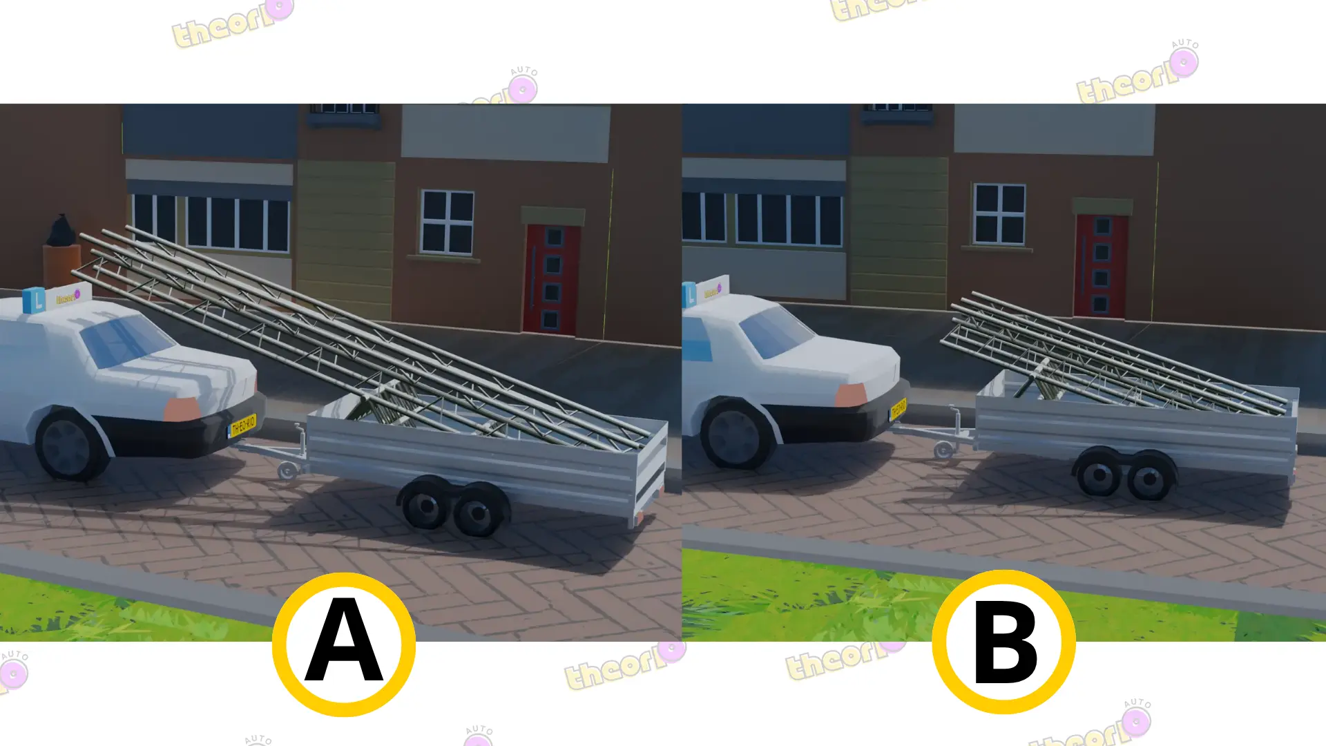 Twee situaties naast elkaar: bij A steekt de lading voorbij de voorkant van de aanhangwagen tot boven de auto (fout), bij B blijft de lading binnen de aanhangwagen (goed)