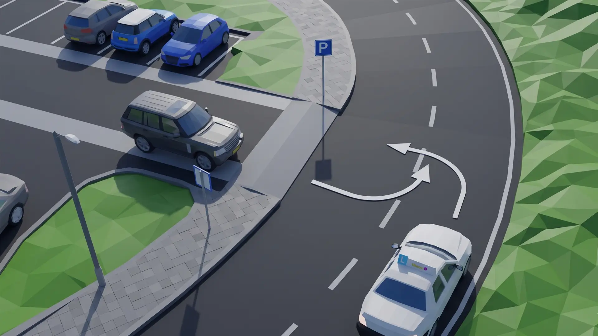 Smalle uitrit waarbij een auto naar buiten rijdt terwijl een andere auto naar binnen wil