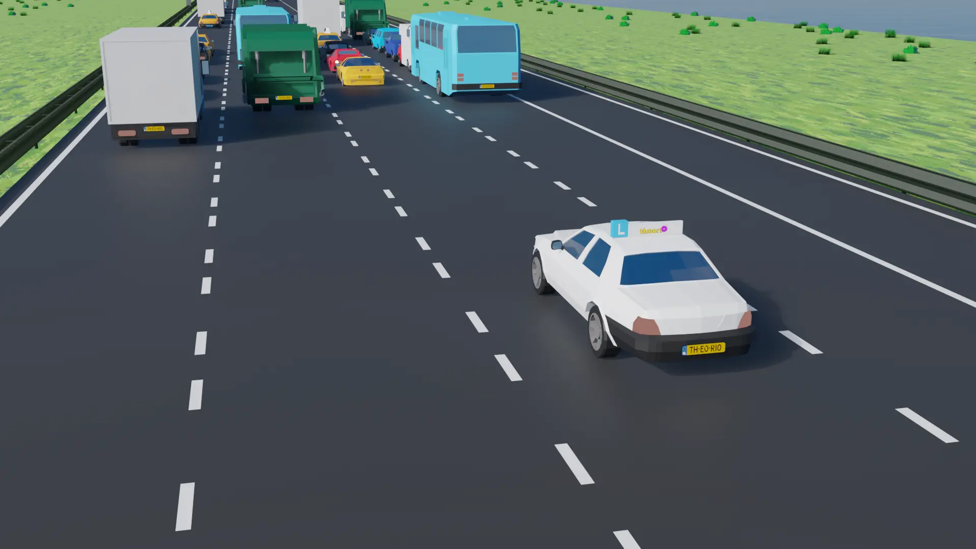 Lesauto op de snelweg die ver vooruit een file ziet staan