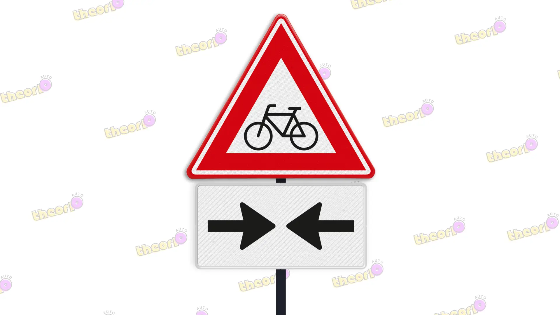 Waarschuwingsbord voor fietsers met een onderbord met twee pijlen naar het midden