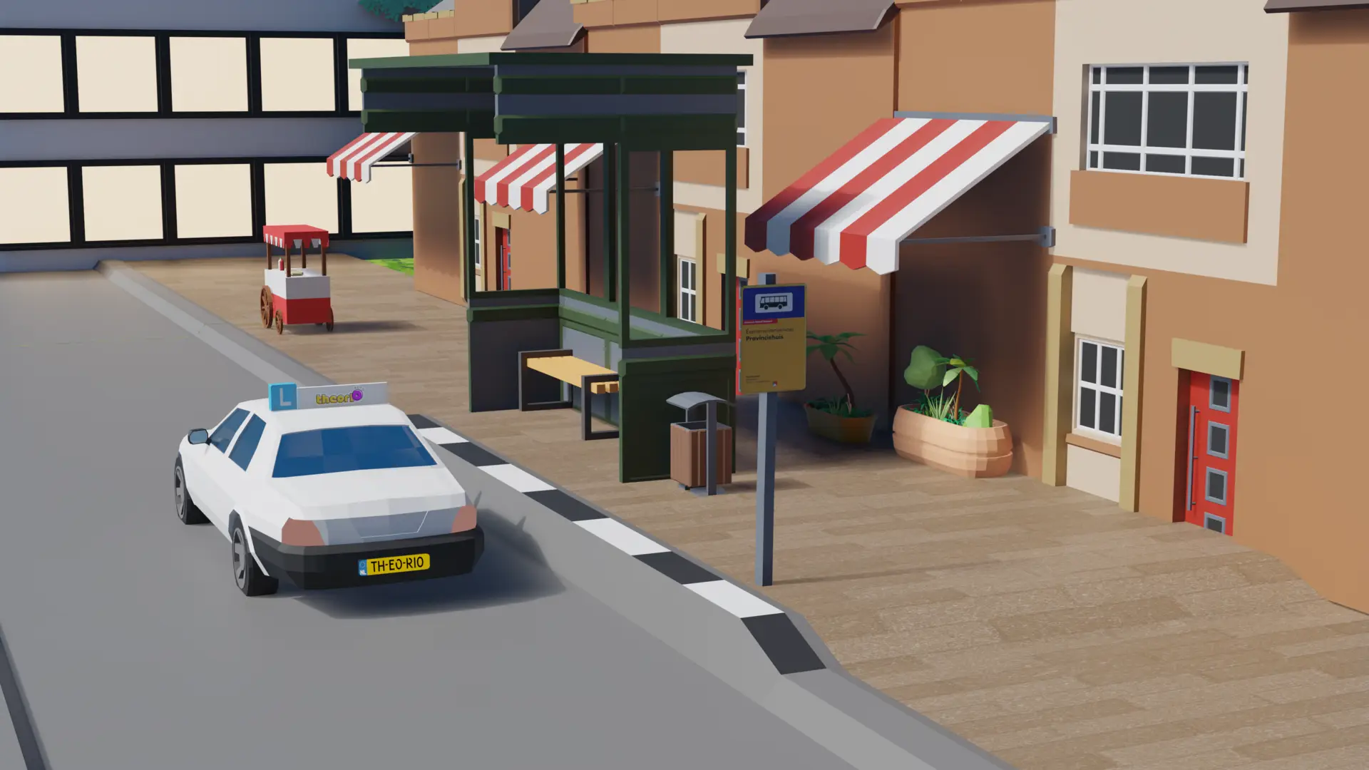 Bushalte met een auto die twaalf meter verderop stilstaat, ongeveer een buslengte