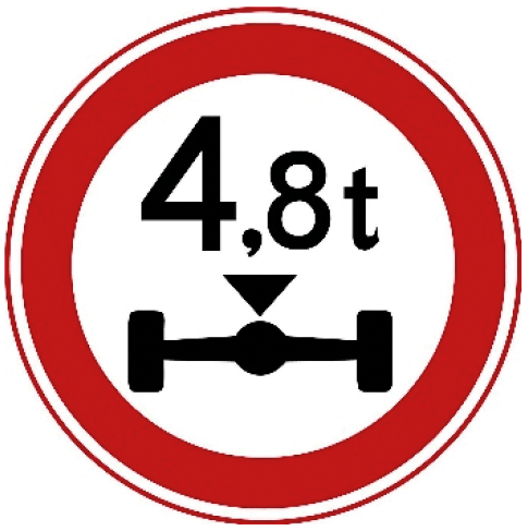 Gesloten voor voertuigen met een hogere aslast dan op het bord aangegeven, bijvoorbeeld 4,8 ton.
