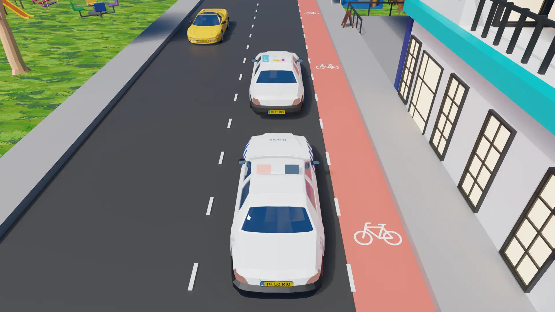 Auto die uitwijkt naar het fietspad om een ambulance met zwaailicht en sirene te laten passeren