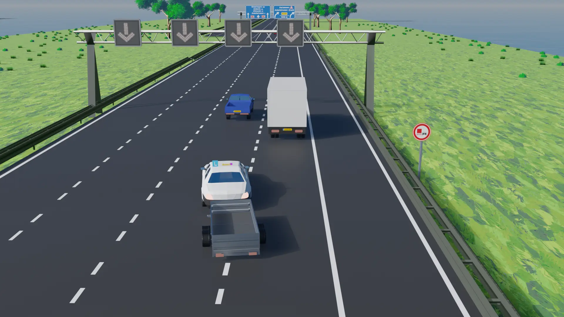 Twee situaties op een driestrooks snelweg: een combinatie langer dan 7 meter op de meest linkerrijstrook (fout) en binnen de twee rechterrijstroken (goed)