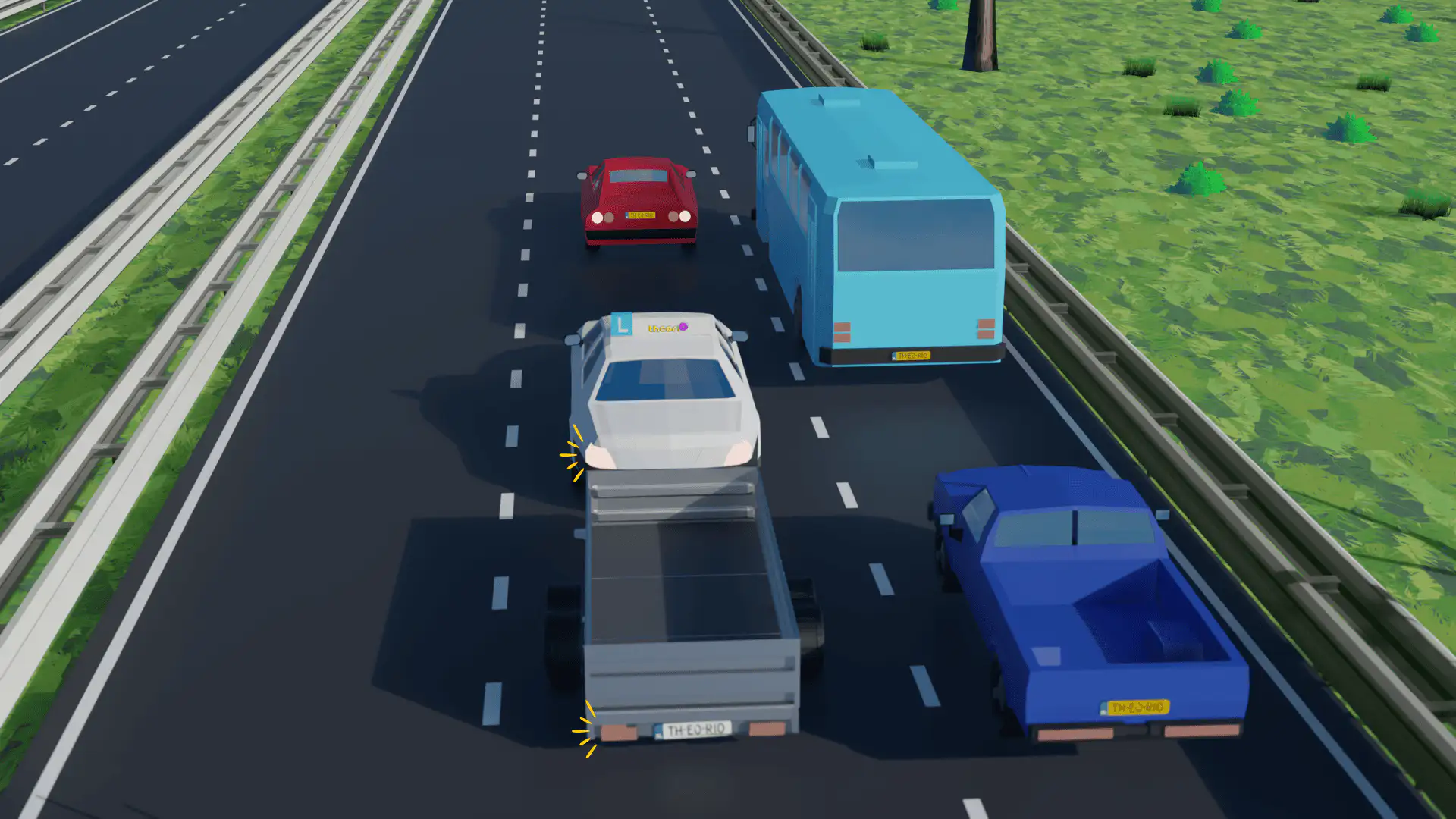Twee situaties op een driestrooks autosnelweg: bij 1 haalt een auto met aanhangwagen een vrachtwagen in op de middelste rijstrook (goed), bij 2 rijdt de auto met aanhangwagen op de meest linkerrijstrook (fout)